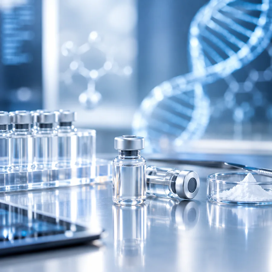 Lyophilized peptide powder and glass vials on a lab bench