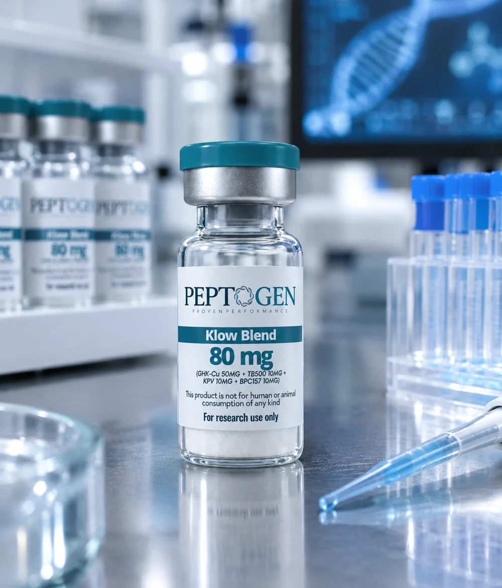 Klow Blend 80 mg vial on a laboratory bench